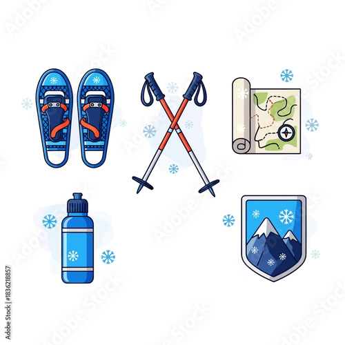Snowshoe Hiking Adventure Flat Modern Icon Set
