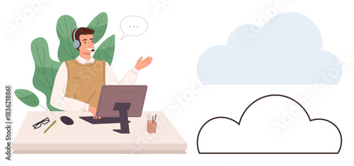 Male support representative using a headset and computer, gesturing toward cloud graphics. Ideal for customer service, remote work, technology, communication, cloud computing, online support, virtual
