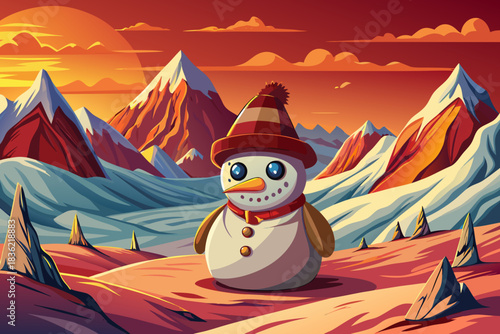 snowman placed on a snowy ridge in Patagonia with sharp Andes peaks and vast frozen plains forms a strong Christmas adventure atmosphere