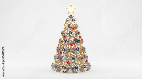 Fitness dumbbell christmas tree sculpture shines on white background, dumbbell branches wrapped in glowing lights and red gold baubles, inspiring dumbbell holiday greeting, healthy lifestyle theme