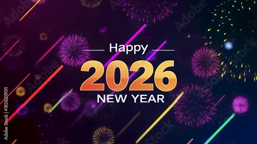 A colorful fireworks background with animation bold 2026 text object performing festive new year greeting action in bright celebration environment.