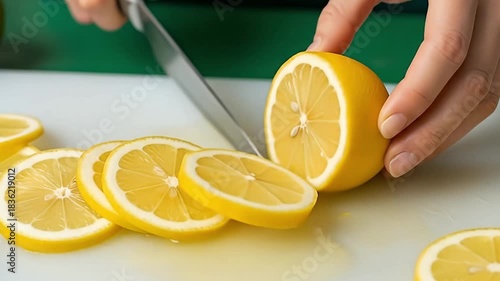 A vivid close-up shot captures hands expertly slicing a bright yellow lemon into perfectly round, juicy segments on a clean white cutting board. The gleaming knife blade cuts through the fresh citrus 