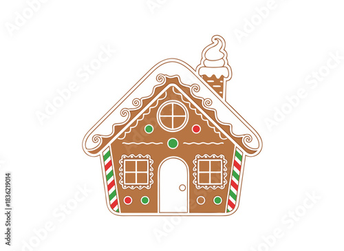 Christmas Gingerbread House With White Icing Decorations and Green Red Candy Stripes On A Black Background Vector Illustration