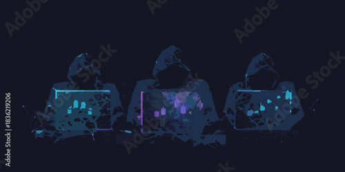 Abstract hackers working on laptops in the dark cyber security concept