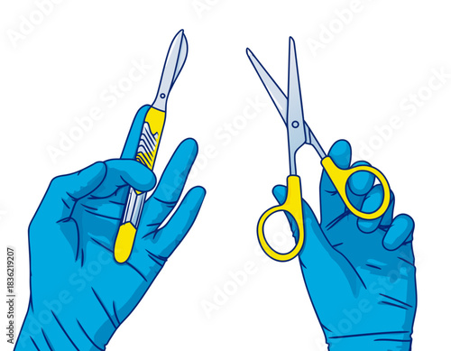 Close up of Blue gloved hands holding surgical scalpel and scissors against a black background
