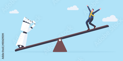 Human versus ai a businessman on a seesaw with a robot arm