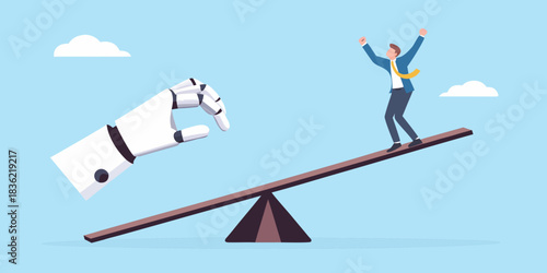 Man on seesaw balanced by robot hand automation and job displacement