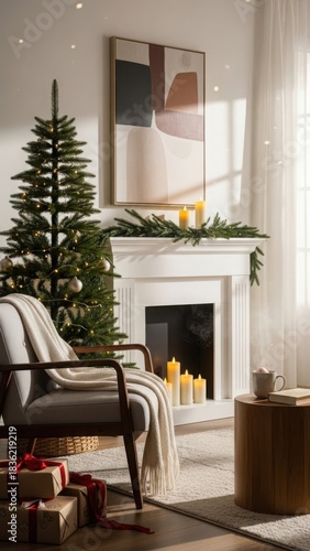Cozy christmas living room scene with fireplace, tree, and gifts
