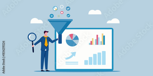 Data analysis and insights illustration with businessman funnel and charts on screen