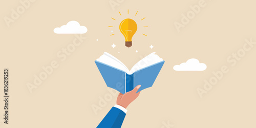 Open book leading to bright ideas and knowledge concept illustration