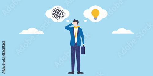 Businessman with confused thoughts and a bright idea on a blue background