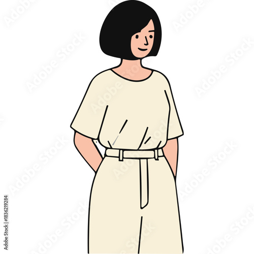 Young Woman Standing With Hands In Pockets Wearing A Cream Colored Jumpsuit With A Belt And Short Black Hair Smiling Gently Against A Black Background Simple Illustration