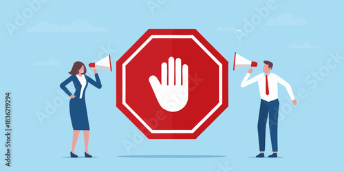 Business people announcing stop with megaphones next to a stop sign