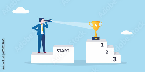 Businessman looking through telescope at trophy on podium goal achievement