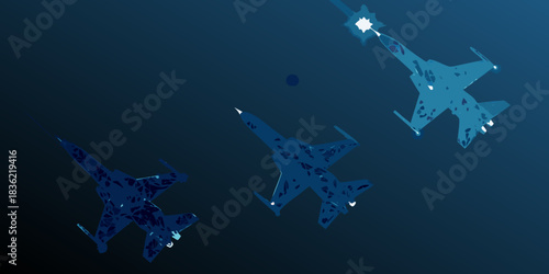 Three fighter jets in flight with abstract blue patterns on dark background