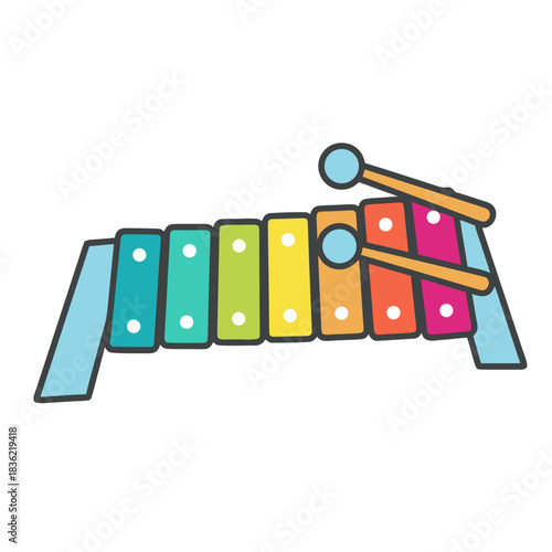 Colorful Xylophone With Mallets In A Sticker Art Style Minimalist 2D Illustration With Bright Hues And Simple Shapes On A Black Background