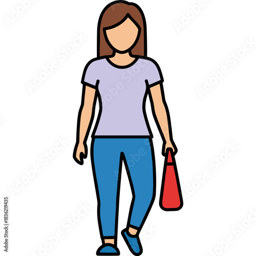 Young Woman In Casual Attire With Shopping Bag Person Walking Full Body Illustration Minimalist Style Isolated On Black Background 