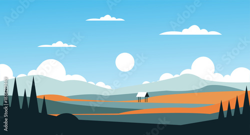 Minimalist landscape illustration of a small hut among rolling hills and trees