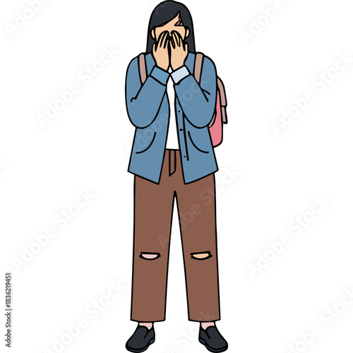 Young Woman In Blue Jacket White Shirt Brown Ripped Pants With Pink Backpack Covering Face With Hands Expression Of Surprise Or Embarrassment Standing Against Black Background
