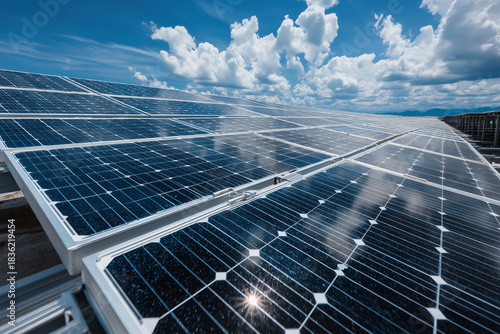 Panneaux solaires photovoltaïques capturant la lumière du soleil avec ciel bleu et nuages, concept d'énergie renouvelable, électricité verte durable et technologie industrielle