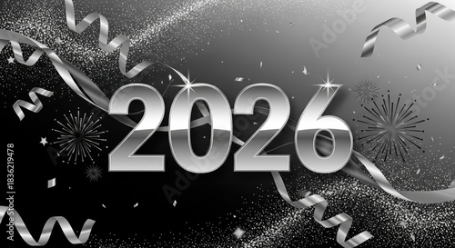 black and silver new year 2026 background with metallic shine