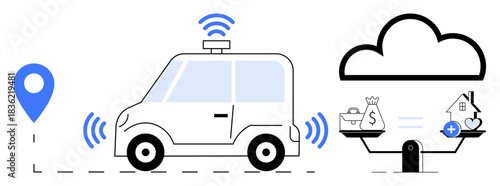 Smart car technology. Smart car connections using wireless technology with GPS tracking in cloud computing context. Smart car innovation for transport, finance, and tech applications. Concept uses