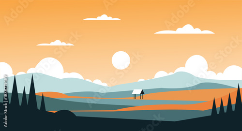Minimalist landscape illustration of a hut in a valley at sunset or sunrise