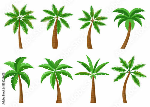 Collection of eight stylized palm trees with green leaves and brown trunks
