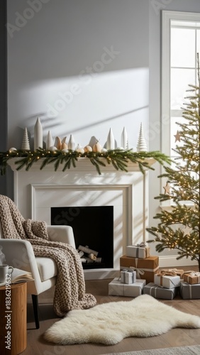 Cozy christmas living room with fireplace, tree, gifts, and warm decor