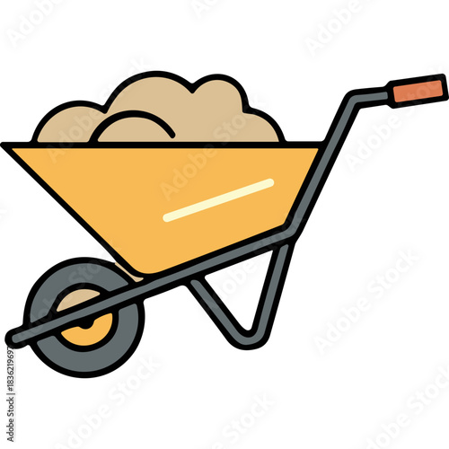 Yellow Wheelbarrow Filled With Dirt and Sand on a Black Background with Orange Handle and Gray Wheel Ideal for Construction or Gardening Concepts