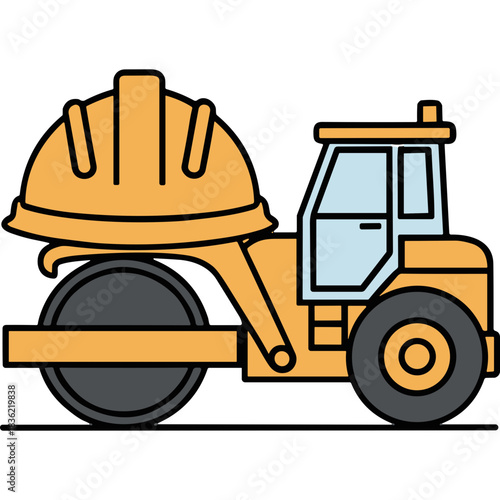 Yellow steamroller with construction helmet on top viewed from side angle isolated on black background flat design vector illustration