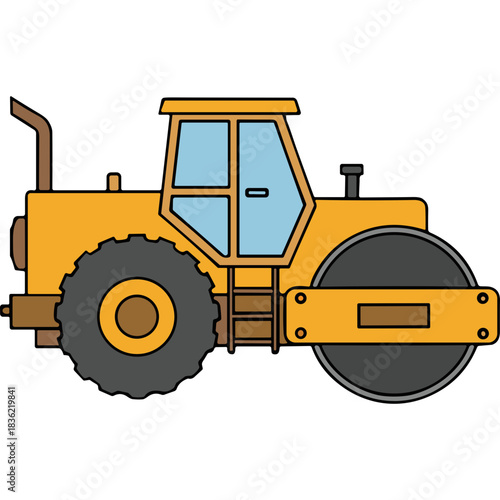 Yellow Steamroller Machine with Large Tires and Clear Blue Windows on a Black Background Ideal for Construction and Roadwork Imagery