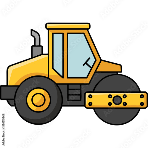 Yellow Steamroller Vehicle With Large Rollers And Blue Tinted Windows Parked On A Black Background With Exhaust Pipe Showing Industrial Construction Equipment