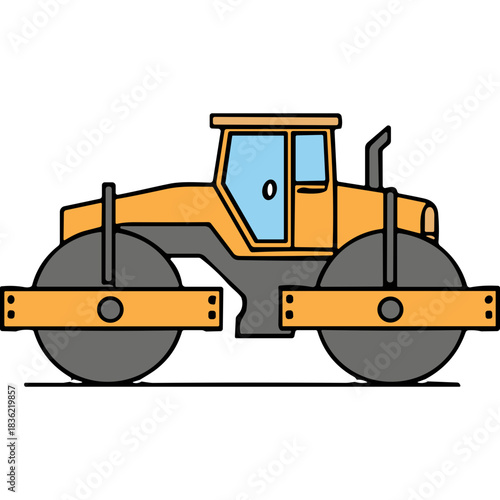 Yellow Steamroller Machine on Black Background Heavy Construction Vehicle for Road Compaction and Paving Work Flat Design Illustration