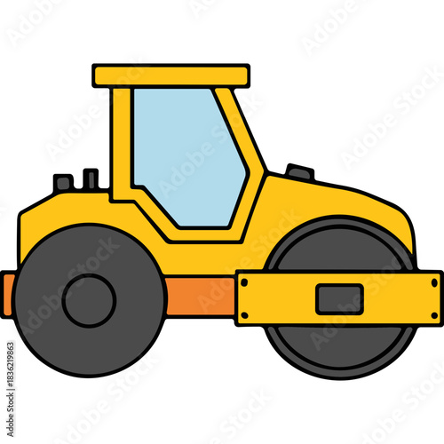 Yellow Steamroller Construction Vehicle with Orange Accents and Gray Wheels on a Transparent Background Representing Roadwork and Paving Operations