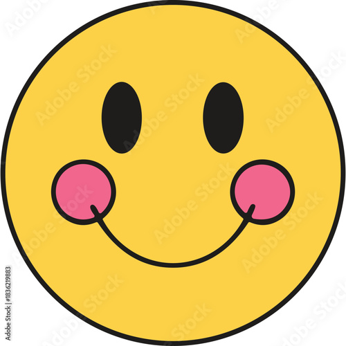 Yellow Smiley Face Icon with Pink Cheeks and Black Eyes and Mouth on a White Background Represents Happiness and Joyful Emotions Simple and Cheerful Graphic Design Element
