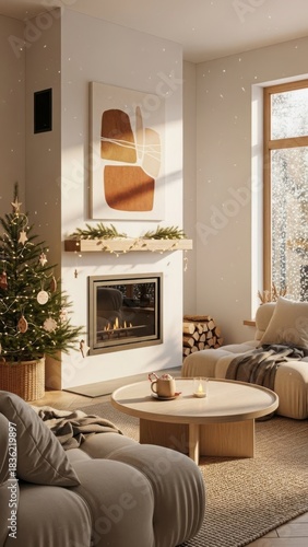 Cozy living room scene with christmas tree and fireplace, snow outside