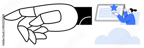 Artificial intelligence, human-computer interaction, user experience, ratings, technology, future. Robotic hand pointing to user ratings on a digital screen with a cloud icon. Artificial intelligence