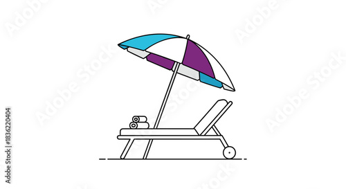 A colorful beach umbrella provides shade for a lounge chair with rolled towels, symbolizing relaxation and summer vacation.