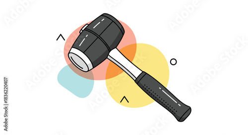 An illustration of a modern rubber mallet with a black head and grip, set against a background of abstract colored shapes and geometric accents.