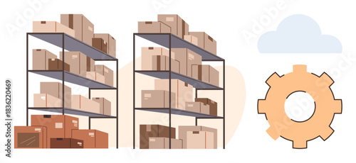 Shelves stocked with boxes and a gear design alongside a cloud icon. Ideal for logistics, supply chain, inventory management, e-commerce, warehouse organization, digital integration, business