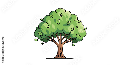 A cheerful green cartoon tree with a robust brown trunk stands isolated on a pristine white background, perfect for nature-themed designs.