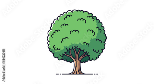 Stylized illustration of a cheerful green tree with a full, round canopy and a sturdy brown trunk on a white background.