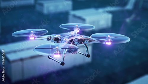 Translucent drone hovering in midair. Its inner parts glowing softly, representing future of aerial delivery technology. futuristic and innovative concept for logistics