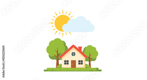 An idyllic suburban home on a sunny day with green trees and a cloud in a cheerful, flat design style.