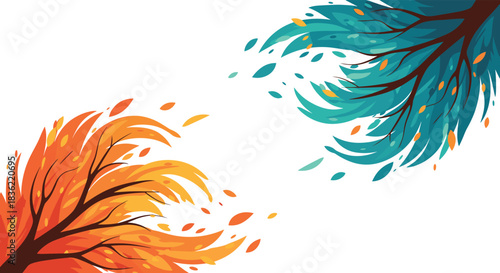 Vibrant illustration of two stylized trees with contrasting fall orange and fresh green leaves creating a dynamic natural composition.