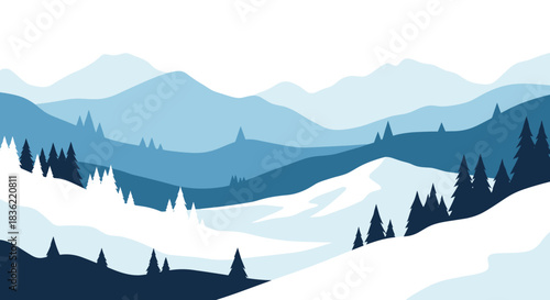 Serene winter mountain landscape featuring layered blue peaks, snowdrifts, and evergreen trees in a minimalist style.