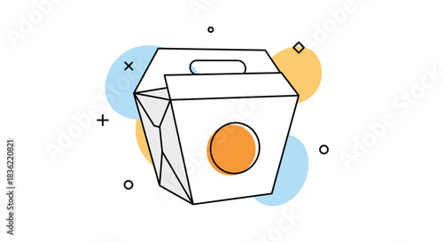 Minimalist line art illustration of a generic take-out food container with abstract colorful shapes on a white background.