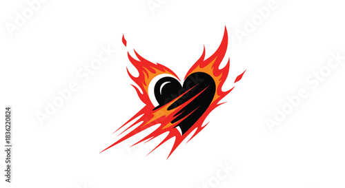 Dynamic black heart engulfed in vibrant red and orange flames, symbolizing intense passion, energy, or burning love in a striking graphic design.