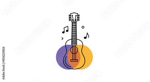 A minimalist line art illustration features a ukulele or small guitar with musical notes floating around, set against abstract colorful circles.